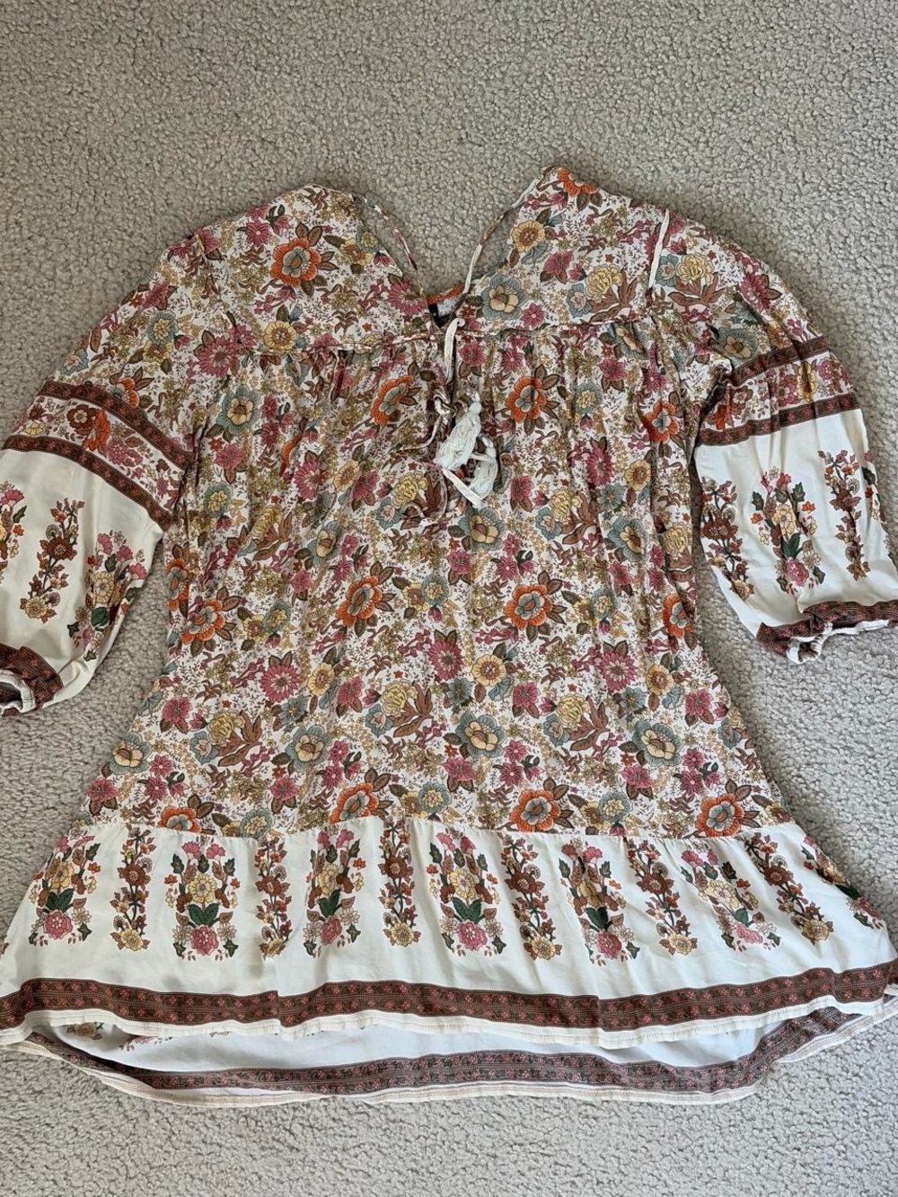 Girls Floral Boho Peasant Dress in Cream, Pink & Rust